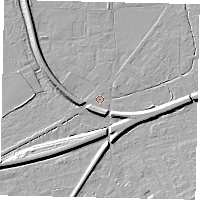 Shaded relief map of the ground around KT70XA, computed from Environment Agency LiDAR. The ground here sits at about 11 m above sea level and falls 11 m across the surrounding 800 m. Surface water reaching this point runs off ground lying to the south-south-east, 8.1 m higher.