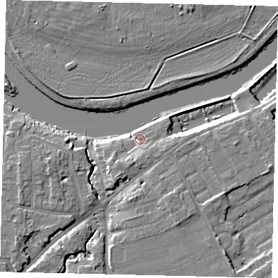 Shaded relief map of the ground around KT70XB, computed from Environment Agency LiDAR. The ground here sits at about 8 m above sea level and falls 8 m across the surrounding 800 m. Surface water reaching this point runs off ground lying to the south-south-west, 5.5 m higher.