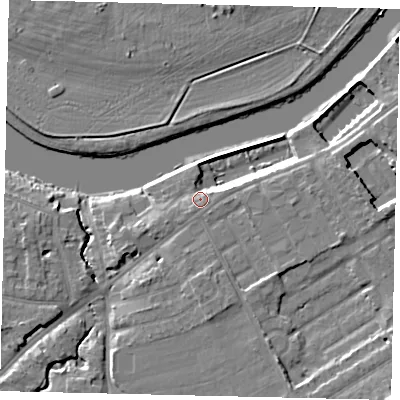 Shaded relief map of the ground around KT70XE, computed from Environment Agency LiDAR. The ground here sits at about 10 m above sea level and falls 12 m across the surrounding 800 m. Surface water reaching this point runs off ground lying to the south-south-east, 3.9 m higher.