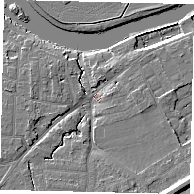 Shaded relief map of the ground around KT70XR, computed from Environment Agency LiDAR. The ground here sits at about 9 m above sea level and falls 15 m across the surrounding 800 m. Surface water reaching this point runs off ground lying to the south-east, 12.1 m higher.