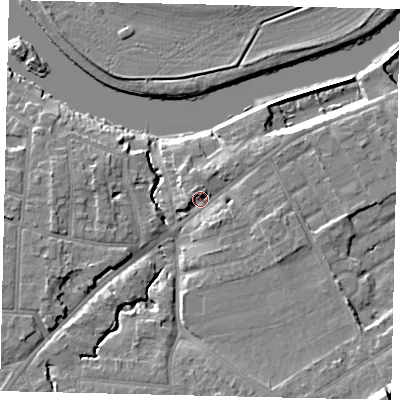 Shaded relief map of the ground around KT70XU, computed from Environment Agency LiDAR. The ground here sits at about 9 m above sea level and falls 15 m across the surrounding 800 m. Surface water reaching this point runs off ground lying to the south-east, 12.1 m higher.