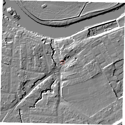 Shaded relief map of the ground around KT70XX, computed from Environment Agency LiDAR. The ground here sits at about 8 m above sea level and falls 15 m across the surrounding 800 m. Surface water reaching this point runs off ground lying to the south-east, 12.1 m higher.
