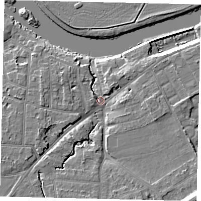 Shaded relief map of the ground around KT70XY, computed from Environment Agency LiDAR. The ground here sits at about 8 m above sea level and falls 14 m across the surrounding 800 m. Surface water reaching this point runs off ground lying to the south-east, 12.8 m higher.