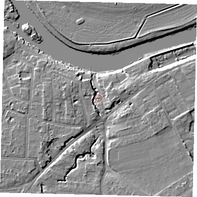 Shaded relief map of the ground around KT70XZ, computed from Environment Agency LiDAR. The ground here sits at about 8 m above sea level and falls 8 m across the surrounding 800 m. Surface water reaching this point runs off ground lying to the east-south-east, 6.8 m higher.