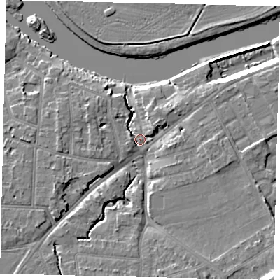 Shaded relief map of the ground around KT70YA, computed from Environment Agency LiDAR. The ground here sits at about 8 m above sea level and falls 14 m across the surrounding 800 m. Surface water reaching this point runs off ground lying to the south-east, 12.7 m higher.