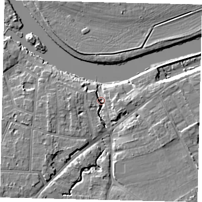 Shaded relief map of the ground around KT70YB, computed from Environment Agency LiDAR. The ground here sits at about 6 m above sea level and falls 8 m across the surrounding 800 m. Surface water reaching this point runs off ground lying to the south-east, 6.8 m higher.