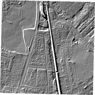 Shaded relief map of the ground around KT70YH, computed from Environment Agency LiDAR. The ground here sits at about 8 m above sea level and falls 9 m across the surrounding 800 m. Surface water reaching this point runs off ground lying to the south-south-east, 7.0 m higher.