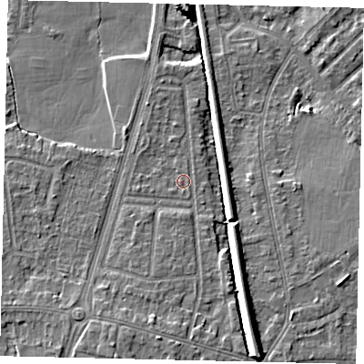 Shaded relief map of the ground around KT70YJ, computed from Environment Agency LiDAR. The ground here sits at about 9 m above sea level and falls 9 m across the surrounding 800 m. Surface water reaching this point runs off ground lying to the south-south-west, 2.7 m higher.