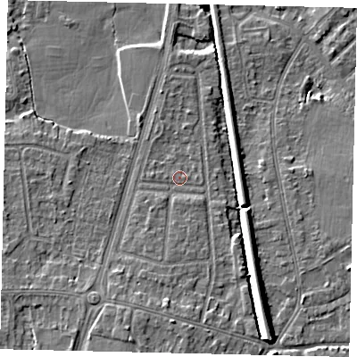 Shaded relief map of the ground around KT70YL, computed from Environment Agency LiDAR. The ground here sits at about 9 m above sea level and falls 9 m across the surrounding 800 m. Surface water reaching this point runs off ground lying to the south, 1.4 m higher.