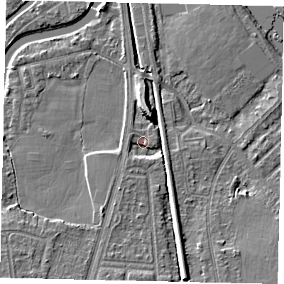 Shaded relief map of the ground around KT70YQ, computed from Environment Agency LiDAR. The ground here sits at about 8 m above sea level and falls 9 m across the surrounding 800 m. Surface water reaching this point runs off ground lying to the south-south-east, 6.1 m higher.