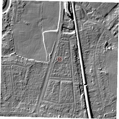 Shaded relief map of the ground around KT70YS, computed from Environment Agency LiDAR. The ground here sits at about 9 m above sea level and falls 8 m across the surrounding 800 m. Surface water reaching this point runs off ground lying to the west, 0.8 m higher.