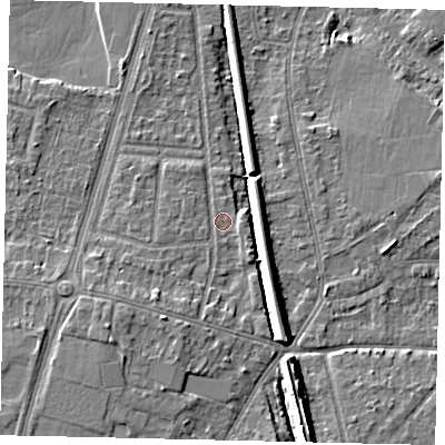 Shaded relief map of the ground around KT70YW, computed from Environment Agency LiDAR. The ground here sits at about 9 m above sea level and falls 9 m across the surrounding 800 m. Surface water reaching this point runs off ground lying to the south-west, 2.3 m higher.