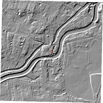Shaded relief map of the ground around KT80AA, computed from Environment Agency LiDAR. The ground here sits at about 8 m above sea level and falls 7 m across the surrounding 800 m. Surface water reaching this point runs off ground lying to the south-west, 2.3 m higher.