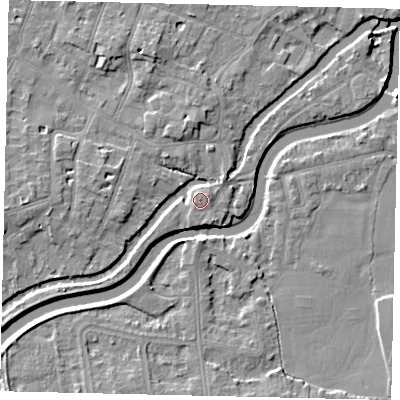 Shaded relief map of the ground around KT80AB, computed from Environment Agency LiDAR. The ground here sits at about 9 m above sea level and falls 7 m across the surrounding 800 m. Surface water reaching this point runs off ground lying to the south-south-west, 0.7 m higher.
