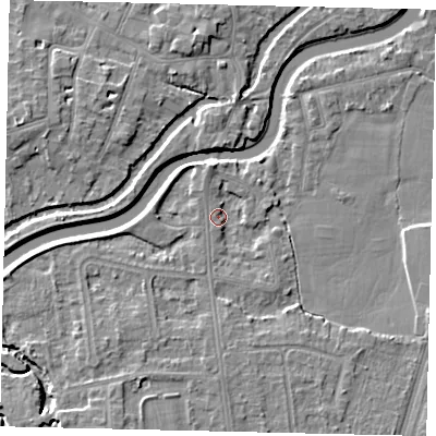 Shaded relief map of the ground around KT80AD, computed from Environment Agency LiDAR. The ground here sits at about 8 m above sea level and falls 5 m across the surrounding 800 m. Surface water reaching this point runs off ground lying to the south-south-west, 4.4 m higher.