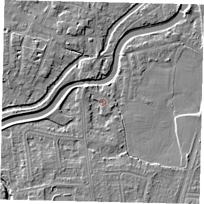 Shaded relief map of the ground around KT80AE, computed from Environment Agency LiDAR. The ground here sits at about 8 m above sea level and falls 6 m across the surrounding 800 m. Surface water reaching this point runs off ground lying to the south-south-west, 3.7 m higher.