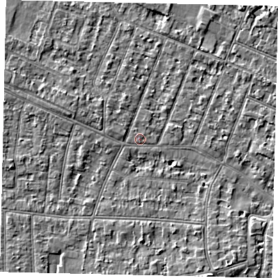 Shaded relief map of the ground around KT80AF, computed from Environment Agency LiDAR. The ground here sits at about 9 m above sea level and falls 5 m across the surrounding 800 m. Surface water reaching this point runs off ground lying to the west-south-west, 0.5 m higher.