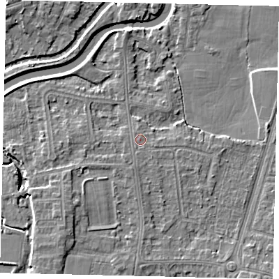 Shaded relief map of the ground around KT80AG, computed from Environment Agency LiDAR. The ground here sits at about 9 m above sea level and falls 6 m across the surrounding 800 m. Surface water reaching this point runs off ground lying to the south, 0.8 m higher.