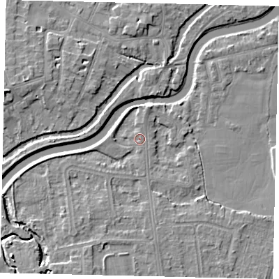 Shaded relief map of the ground around KT80AH, computed from Environment Agency LiDAR. The ground here sits at about 8 m above sea level and falls 6 m across the surrounding 800 m. Surface water reaching this point runs off ground lying to the south-south-west, 4.3 m higher.