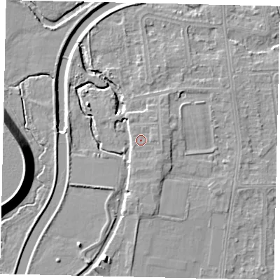 Shaded relief map of the ground around KT80AP, computed from Environment Agency LiDAR. The ground here sits at about 11 m above sea level and falls 13 m across the surrounding 800 m. Surface water reaching this point runs off ground lying to the east, 1.1 m higher.