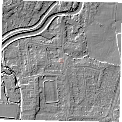 Shaded relief map of the ground around KT80AQ, computed from Environment Agency LiDAR. The ground here sits at about 9 m above sea level and falls 6 m across the surrounding 800 m. Surface water reaching this point runs off ground lying to the south-west, 3.7 m higher.
