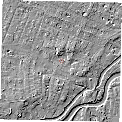 Shaded relief map of the ground around KT80AY, computed from Environment Agency LiDAR. The ground here sits at about 9 m above sea level and falls 6 m across the surrounding 800 m. Surface water reaching this point runs off ground lying to the north-east, 3.4 m higher.
