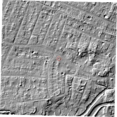 Shaded relief map of the ground around KT80BD, computed from Environment Agency LiDAR. The ground here sits at about 9 m above sea level and falls 6 m across the surrounding 800 m. Surface water reaching this point runs off ground lying to the east, 3.4 m higher.