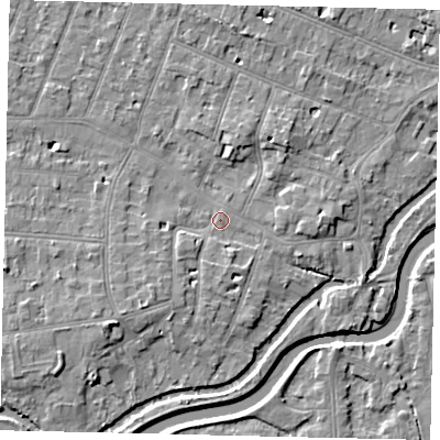 Shaded relief map of the ground around KT80BE, computed from Environment Agency LiDAR. The ground here sits at about 9 m above sea level and falls 6 m across the surrounding 800 m. Surface water reaching this point runs off ground lying to the north-east, 2.8 m higher.