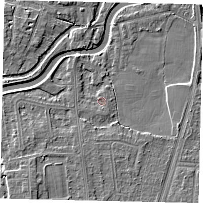 Shaded relief map of the ground around KT80BG, computed from Environment Agency LiDAR. The ground here sits at about 8 m above sea level and falls 6 m across the surrounding 800 m. Surface water reaching this point runs off ground lying to the south, 1.1 m higher.