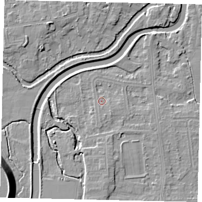 Shaded relief map of the ground around KT80BH, computed from Environment Agency LiDAR. The ground here sits at about 9 m above sea level and falls 13 m across the surrounding 800 m. Surface water reaching this point runs off ground lying to the south-east, 1.4 m higher.