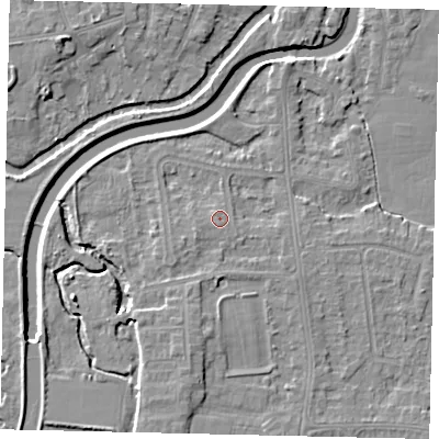 Shaded relief map of the ground around KT80BJ, computed from Environment Agency LiDAR. The ground here sits at about 10 m above sea level and falls 6 m across the surrounding 800 m. Surface water reaching this point runs off ground lying to the south, 0.6 m higher.