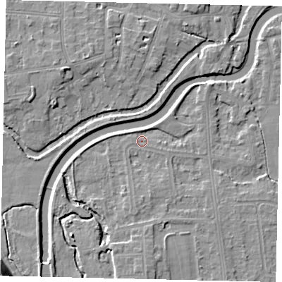 Shaded relief map of the ground around KT80BL, computed from Environment Agency LiDAR. The ground here sits at about 8 m above sea level and falls 13 m across the surrounding 800 m. Surface water reaching this point runs off ground lying to the south, 4.8 m higher.