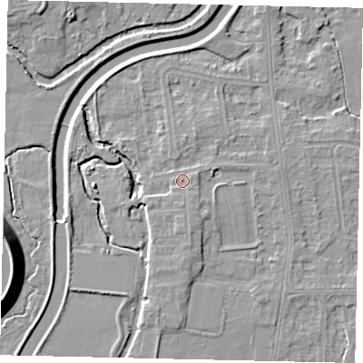 Shaded relief map of the ground around KT80BN, computed from Environment Agency LiDAR. The ground here sits at about 10 m above sea level and falls 13 m across the surrounding 800 m. Surface water reaching this point runs off ground lying to the south, 1.9 m higher.