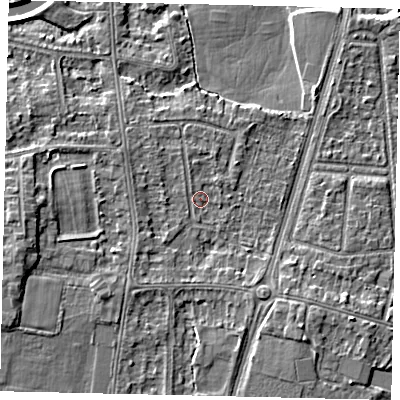 Shaded relief map of the ground around KT80BP, computed from Environment Agency LiDAR. The ground here sits at about 9 m above sea level and falls 6 m across the surrounding 800 m. Surface water reaching this point runs off ground lying to the south-west, 1.1 m higher.