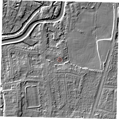 Shaded relief map of the ground around KT80BQ, computed from Environment Agency LiDAR. The ground here sits at about 8 m above sea level and falls 6 m across the surrounding 800 m. Surface water reaching this point runs off ground lying to the south-south-west, 2.3 m higher.