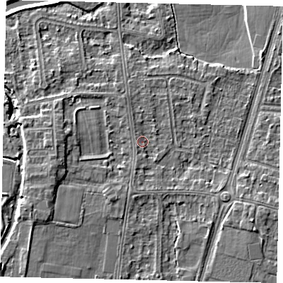 Shaded relief map of the ground around KT80BS, computed from Environment Agency LiDAR. The ground here sits at about 10 m above sea level and falls 6 m across the surrounding 800 m. Surface water reaching this point runs off ground lying to the west-south-west, 2.3 m higher.