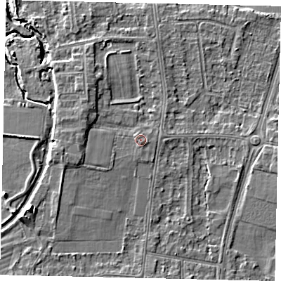 Shaded relief map of the ground around KT80BT, computed from Environment Agency LiDAR. The ground here sits at about 11 m above sea level and falls 7 m across the surrounding 800 m. Surface water reaching this point runs off ground lying to the south, 0.9 m higher.
