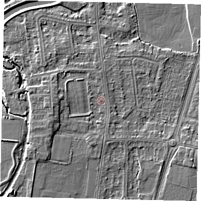 Shaded relief map of the ground around KT80BU, computed from Environment Agency LiDAR. The ground here sits at about 10 m above sea level and falls 7 m across the surrounding 800 m. Surface water reaching this point runs off ground lying to the west, 2.7 m higher.