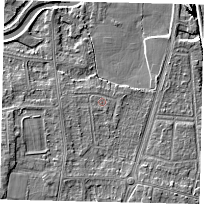 Shaded relief map of the ground around KT80BW, computed from Environment Agency LiDAR. The ground here sits at about 9 m above sea level and falls 7 m across the surrounding 800 m. Surface water reaching this point runs off ground lying to the south-south-west, 0.9 m higher.