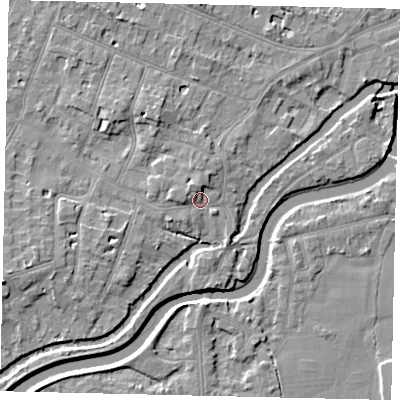 Shaded relief map of the ground around KT80DE, computed from Environment Agency LiDAR. The ground here sits at about 9 m above sea level and falls 7 m across the surrounding 800 m. Surface water reaching this point runs off ground lying to the west-north-west, 2.1 m higher.