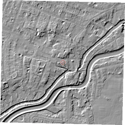 Shaded relief map of the ground around KT80DF, computed from Environment Agency LiDAR. The ground here sits at about 10 m above sea level and falls 6 m across the surrounding 800 m. Surface water reaching this point runs off ground lying to the north-north-west, 1.2 m higher.