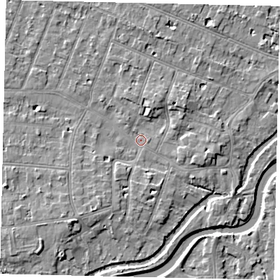 Shaded relief map of the ground around KT80DH, computed from Environment Agency LiDAR. The ground here sits at about 9 m above sea level and falls 6 m across the surrounding 800 m. Surface water reaching this point runs off ground lying to the north-east, 3.4 m higher.