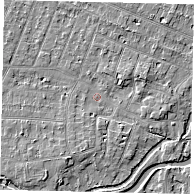 Shaded relief map of the ground around KT80DL, computed from Environment Agency LiDAR. The ground here sits at about 9 m above sea level and falls 6 m across the surrounding 800 m. Surface water reaching this point runs off ground lying to the east-north-east, 3.4 m higher.