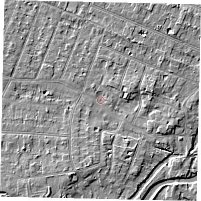 Shaded relief map of the ground around KT80DP, computed from Environment Agency LiDAR. The ground here sits at about 8 m above sea level and falls 6 m across the surrounding 800 m. Surface water reaching this point runs off ground lying to the east, 3.4 m higher.