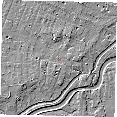Shaded relief map of the ground around KT80DQ, computed from Environment Agency LiDAR. The ground here sits at about 9 m above sea level and falls 6 m across the surrounding 800 m. Surface water reaching this point runs off ground lying to the north-north-east, 2.6 m higher.
