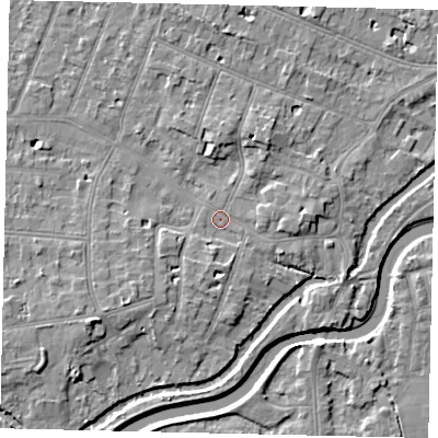 Shaded relief map of the ground around KT80DS, computed from Environment Agency LiDAR. The ground here sits at about 9 m above sea level and falls 6 m across the surrounding 800 m. Surface water reaching this point runs off ground lying to the north-north-east, 2.6 m higher.