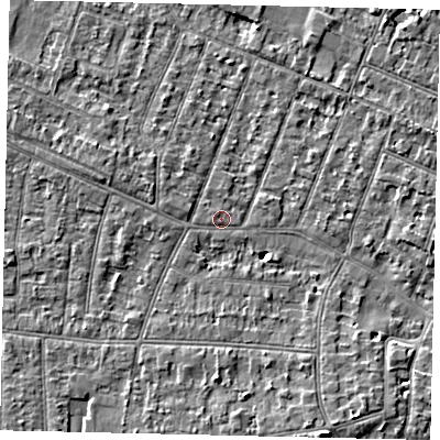 Shaded relief map of the ground around KT80DU, computed from Environment Agency LiDAR. The ground here sits at about 9 m above sea level and falls 5 m across the surrounding 800 m. Surface water reaching this point runs off ground lying to the north-west, 0.7 m higher.
