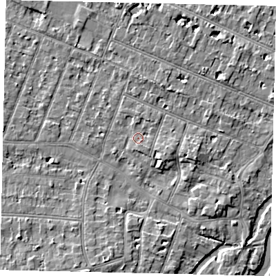 Shaded relief map of the ground around KT80DW, computed from Environment Agency LiDAR. The ground here sits at about 10 m above sea level and falls 6 m across the surrounding 800 m. Surface water reaching this point runs off ground lying to the south-south-east, 1.2 m higher.