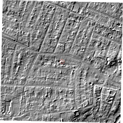 Shaded relief map of the ground around KT80GZ, computed from Environment Agency LiDAR. The ground here sits at about 9 m above sea level and falls 5 m across the surrounding 800 m. Surface water reaching this point runs off ground lying to the south-south-west, 4.4 m higher.