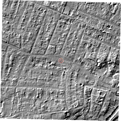 Shaded relief map of the ground around KT80HP, computed from Environment Agency LiDAR. The ground here sits at about 8 m above sea level and falls 6 m across the surrounding 800 m. Surface water reaching this point runs off ground lying to the east, 4.4 m higher.